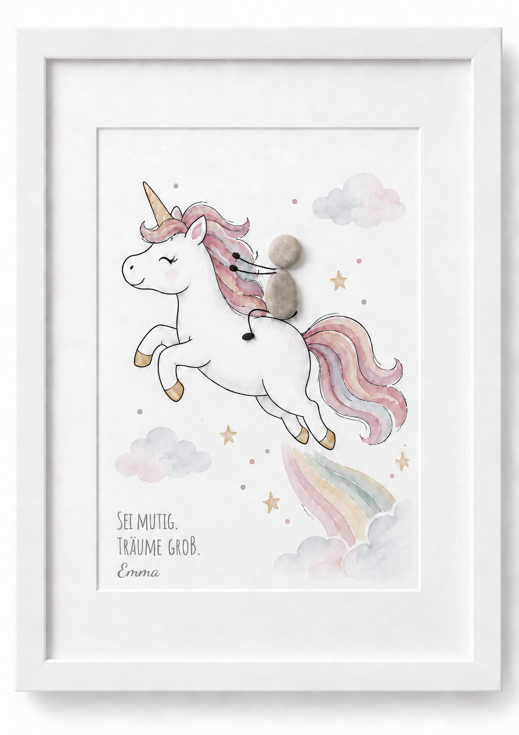 Kieselsteinbild Einhorn „Sei mutig, träume groß" personalisiert mit Namen – Geschenk fürs Kinderzimmer, handgemachtes Steinbild