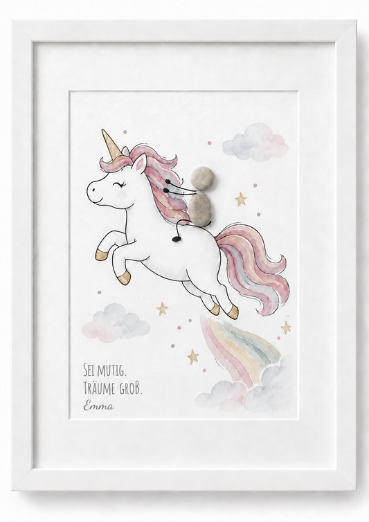 Kieselsteinbild Einhorn „Sei mutig, träume groß" personalisiert mit Namen – Geschenk fürs Kinderzimmer, handgemachtes Steinbild