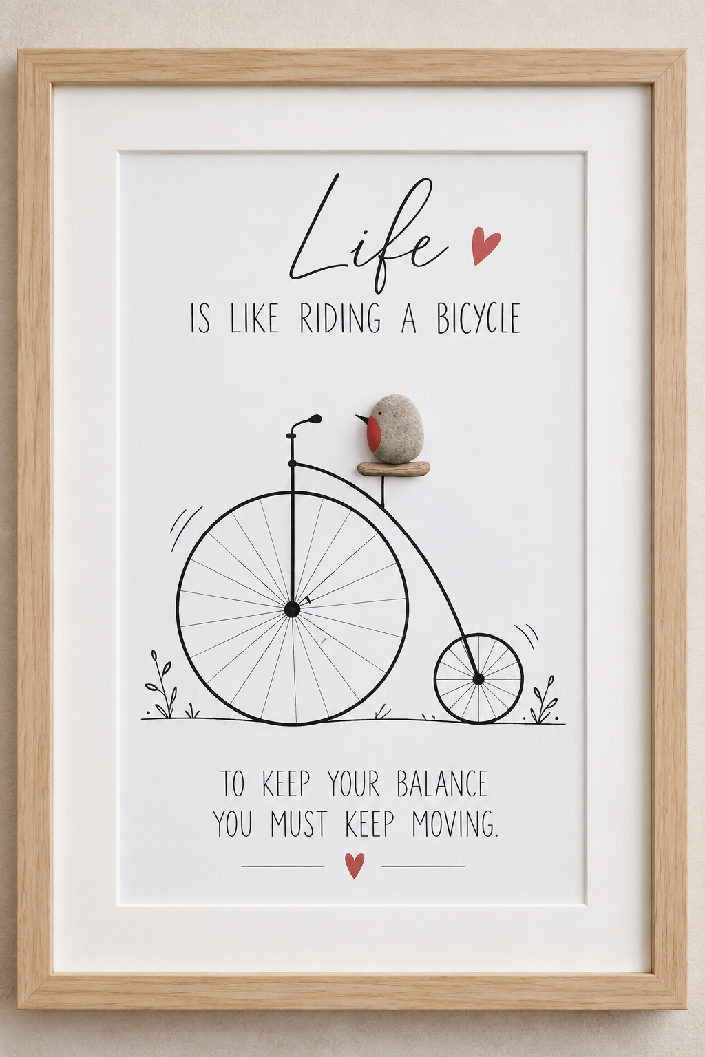 Kieselsteinbild Vogel auf einem Hochrad „Life is like riding a bicycle. To keep your balance you must keep moving." – motivierendes Geschenk für Optimisten, handgemachtes Steinbild