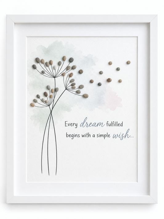 Kieselsteinbild Pusteblume aus Kieselsteinen im Wind „Every dream fulfilled begins with a simple wish..." – inspirierendes Geschenk für Träumer, handgemachtes Steinbild