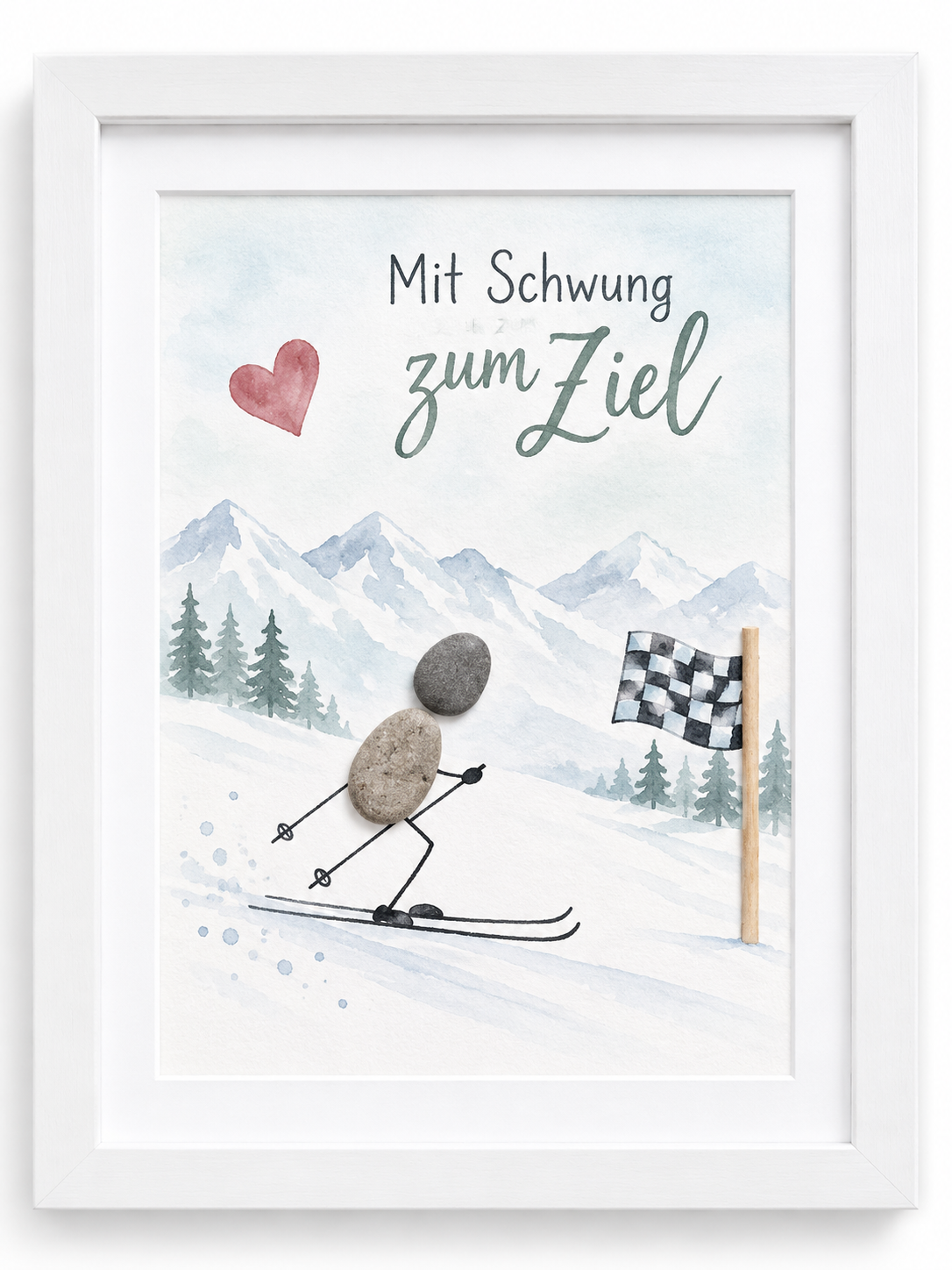 Kieselsteinbild Steinfigur beim Skifahren vor Bergpanorama „Mit Schwung zum Ziel." – motivierendes Geschenk für Wintersportler, handgemachtes Steinbild