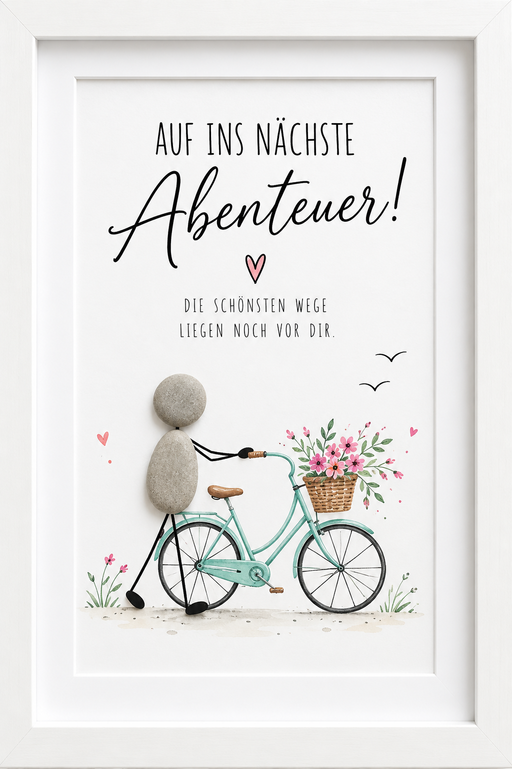 Kieselsteinbild Steinfigur mit Fahrrad und Blumenkorb „Auf ins nächste Abenteuer! Die schönsten Wege liegen noch vor dir." – Geschenk zum Aufbruch oder Neuanfang, handgemachtes Steinbild
