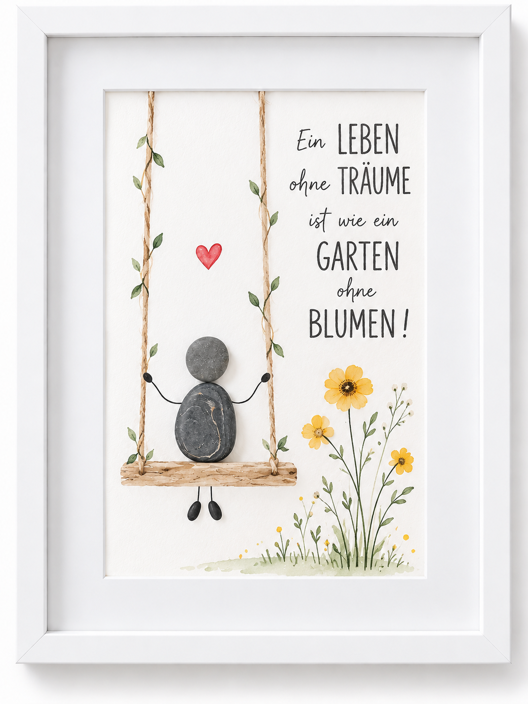 Kieselsteinbild Steinfigur auf einer Schaukel mit Blumen „Ein Leben ohne Träume ist wie ein Garten ohne Blumen!" – inspirierendes Geschenk fürs Zuhause, handgemachtes Steinbild