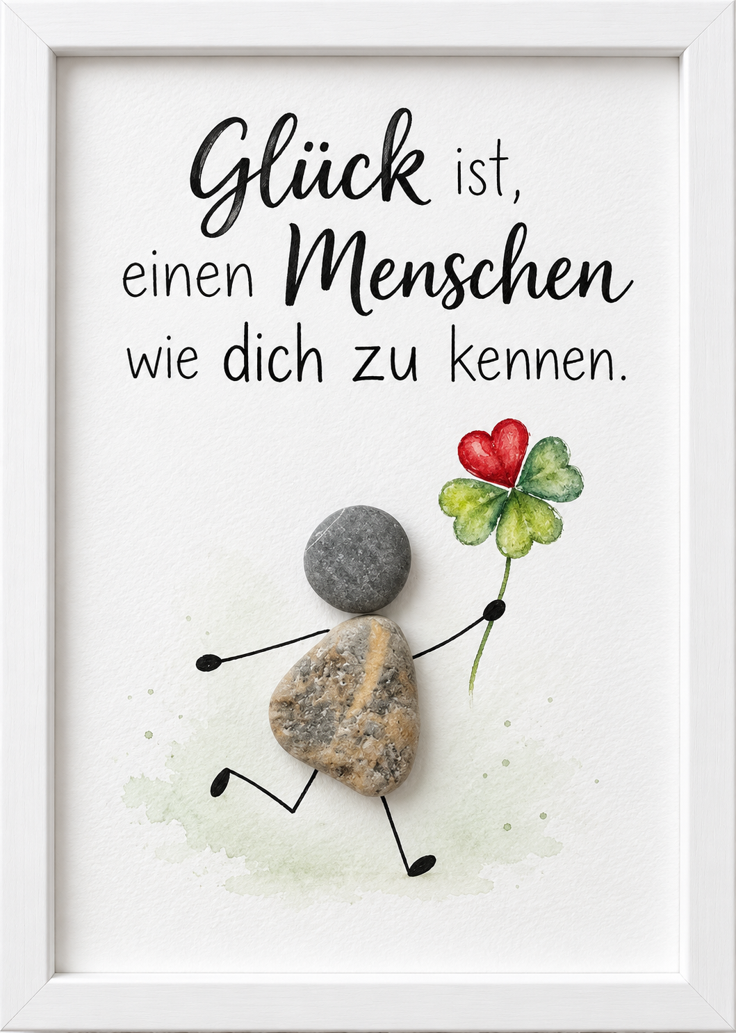 Kieselsteinbild Steinfigur mit vierblättrigem Kleeblatt „Glück ist, einen Menschen wie dich zu kennen." – herzliches Freundschaftsgeschenk, handgemachtes Steinbild