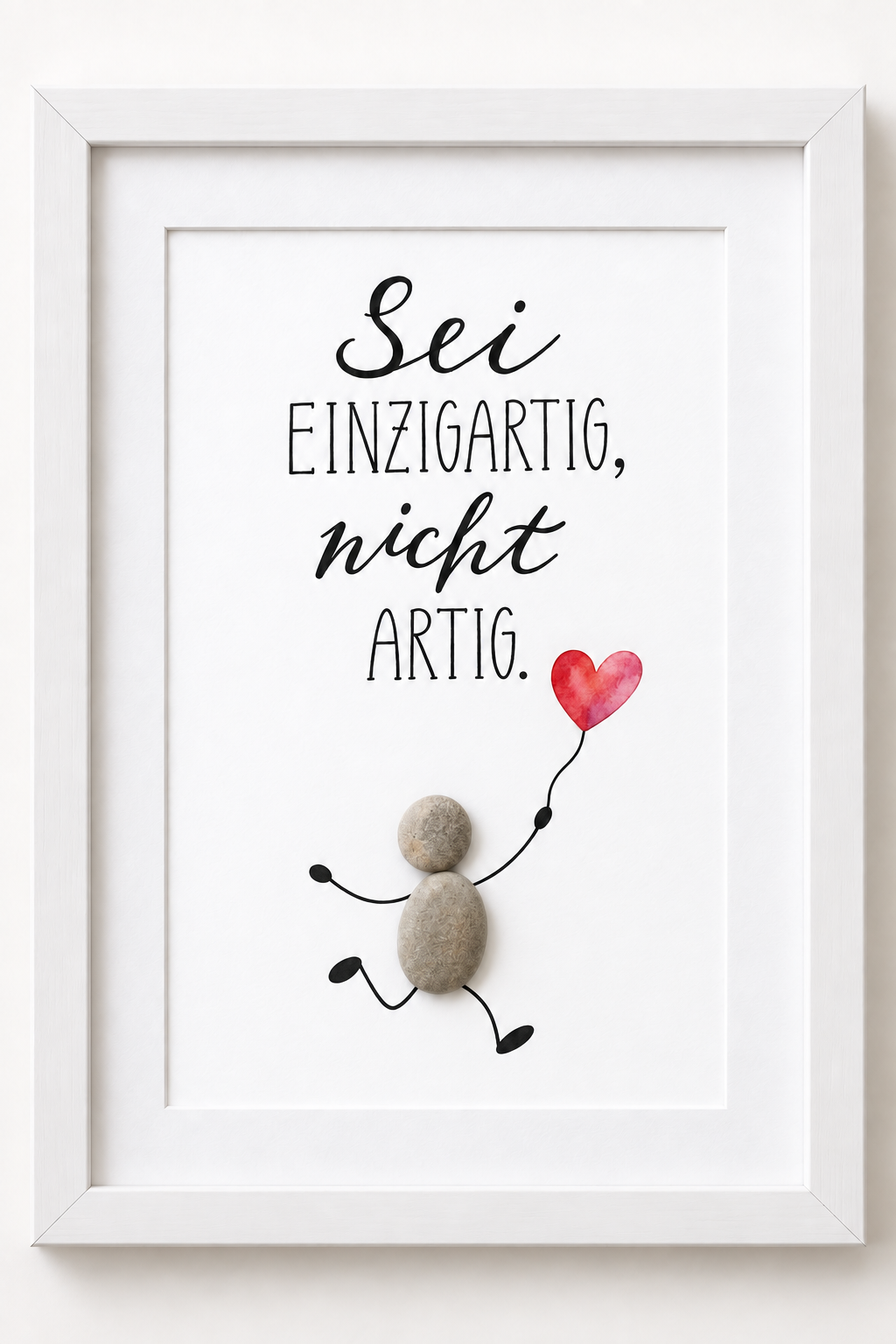 Kieselsteinbild laufende Steinfigur mit Herzluftballon „Sei einzigartig, nicht artig." – ermutigendes Geschenk zur Selbstliebe, handgemachtes Steinbild