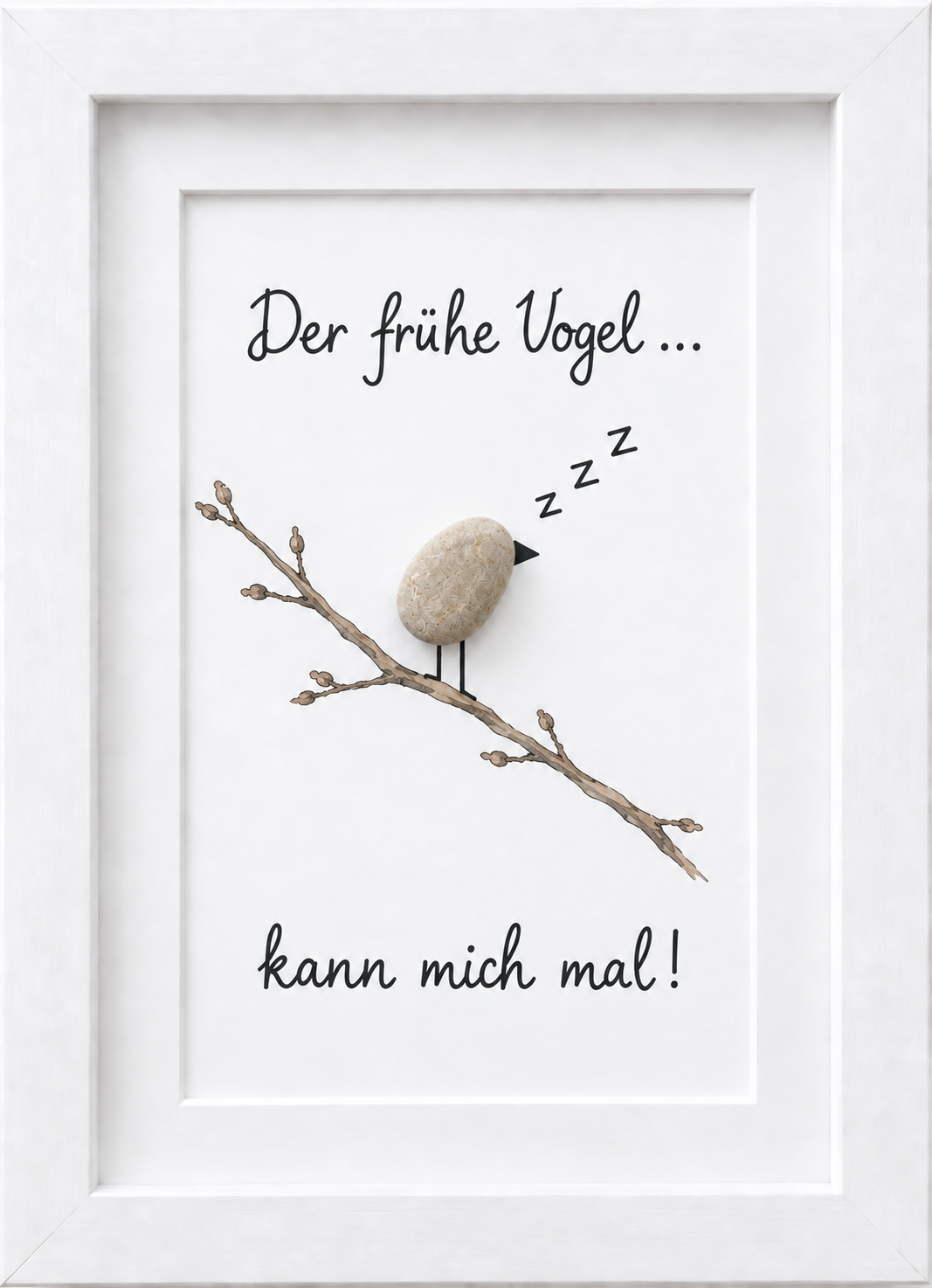 Kieselsteinbild schlafender Vogel auf einem Ast „Der frühe Vogel... kann mich mal!" – witziges Geschenk für Morgenmuffel, handgemachtes Steinbild