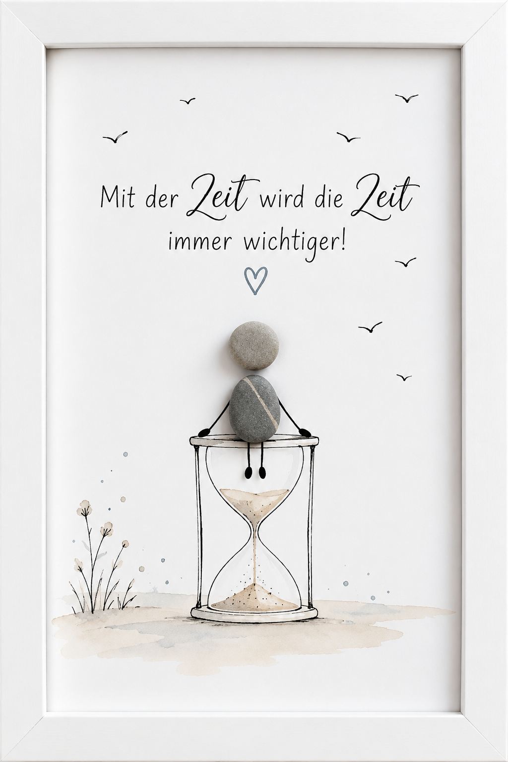 Kieselsteinbild Steinfigur sitzt auf einer Sanduhr „Mit der Zeit wird die Zeit immer wichtiger!“ – nachdenkliches Geschenk zum Thema Zeit, handgemachtes Steinbild