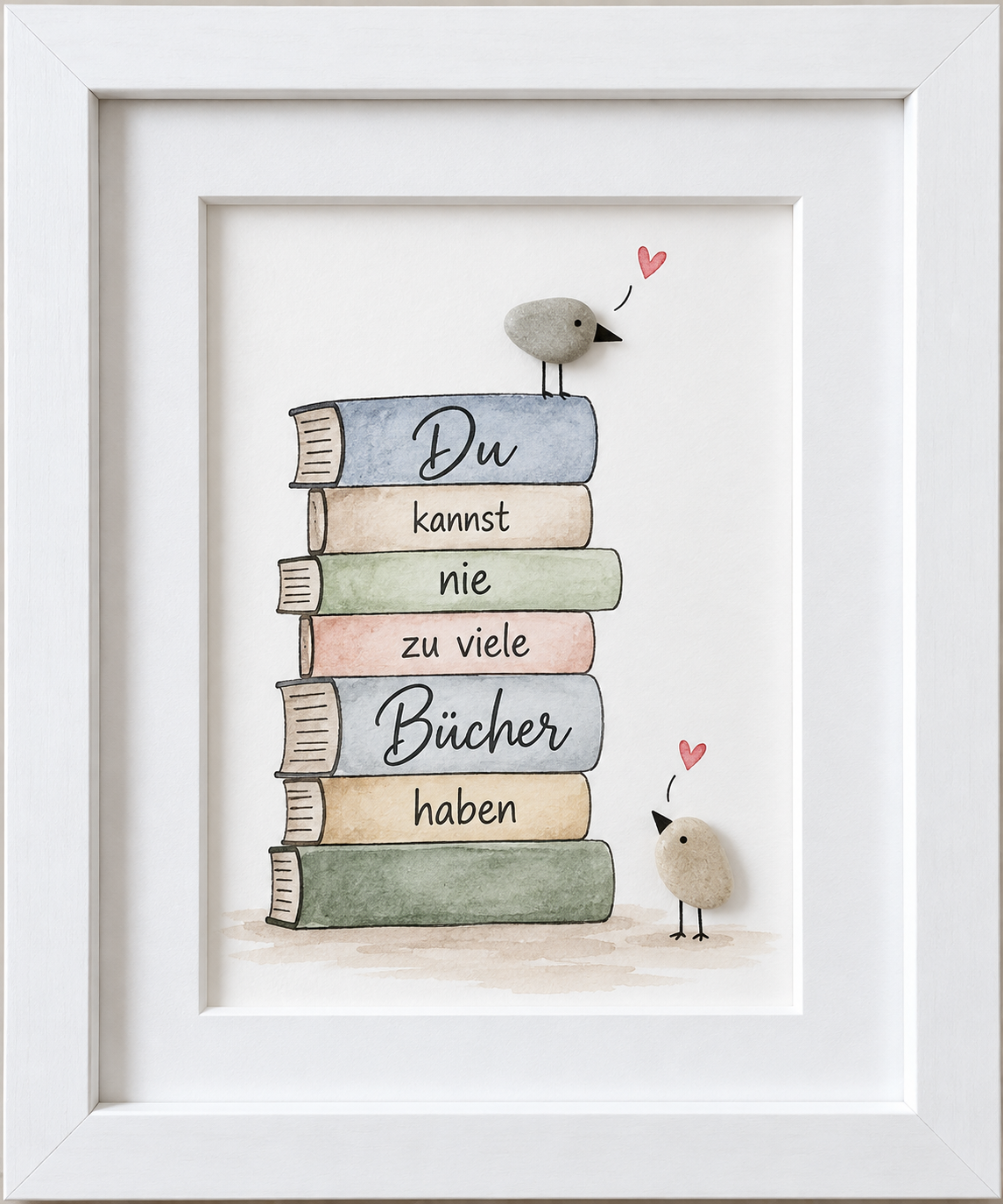 Kieselsteinbild zwei Steinvögel auf einem Bücherstapel „Du kannst nie zu viele Bücher haben“ – Geschenk für Bücherliebhaber, handgemachtes Steinbild