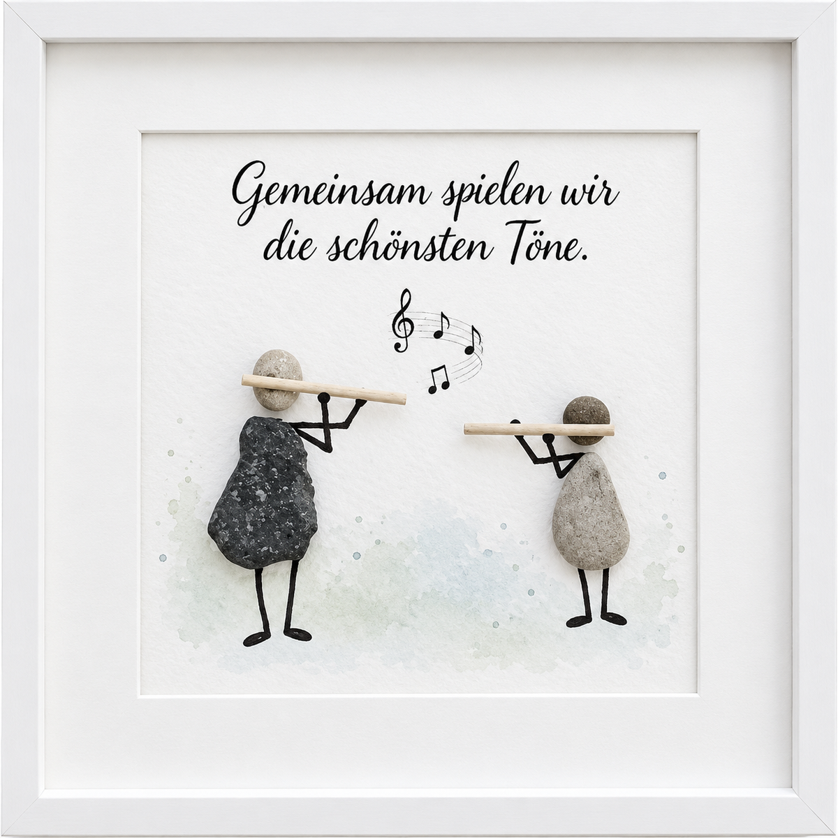Kieselsteinbild zwei Steinfiguren spielen gemeinsam Querflöte „Gemeinsam spielen wir die schönsten Töne." – Geschenk für Musikpartner oder Orchesterkollegen, handgemachtes Steinbild