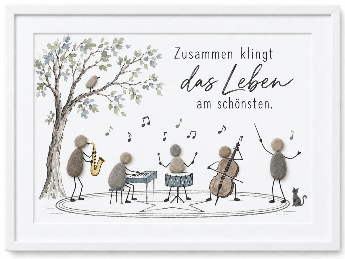 Kieselsteinbild fünfköpfige Steinfiguren-Band (Saxophon, Keyboard, Schlagzeug, Kontrabass, Dirigent) unter einem Baum mit Vogel und Katze „Zusammen klingt das Leben am schönsten." – Geschenk für Bands, Orchester oder Musikgruppen, handgemachtes Steinbild