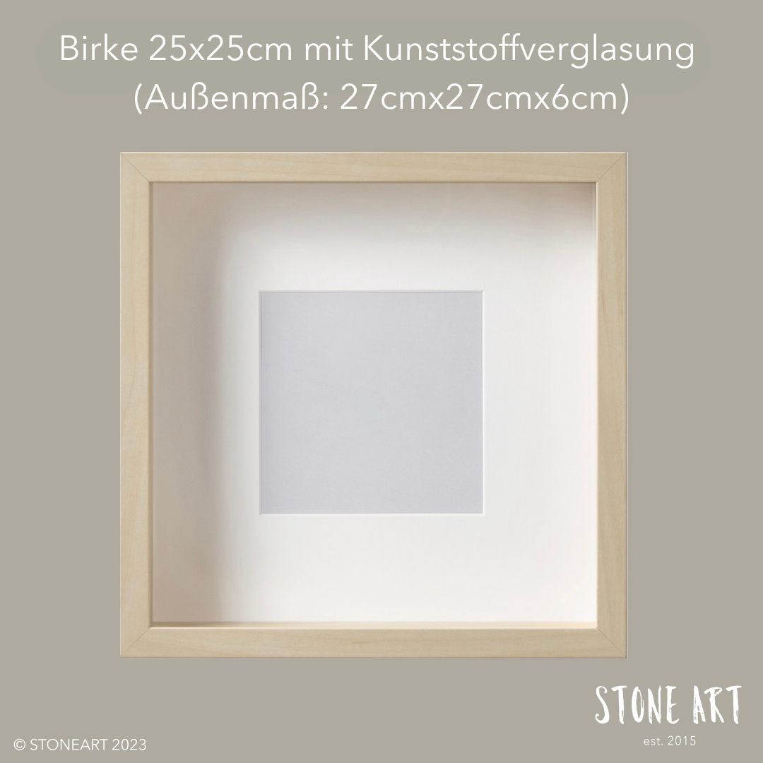 Birkefarbener Bilderrahmen mit den Maßen 25x25cm (Außenmaß: 27x27x6cm) und Kunststoffverglasung, ideal für besondere Geschenkideen von Stoneart2015.