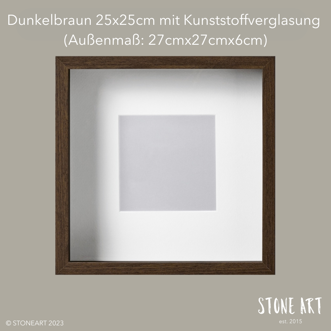 Dunkelbrauner Bilderrahmen mit den Maßen 25x25cm (Außenmaß: 27x27x6cm) und Kunststoffverglasung, ideal für besondere Geschenkideen von Stoneart2015.