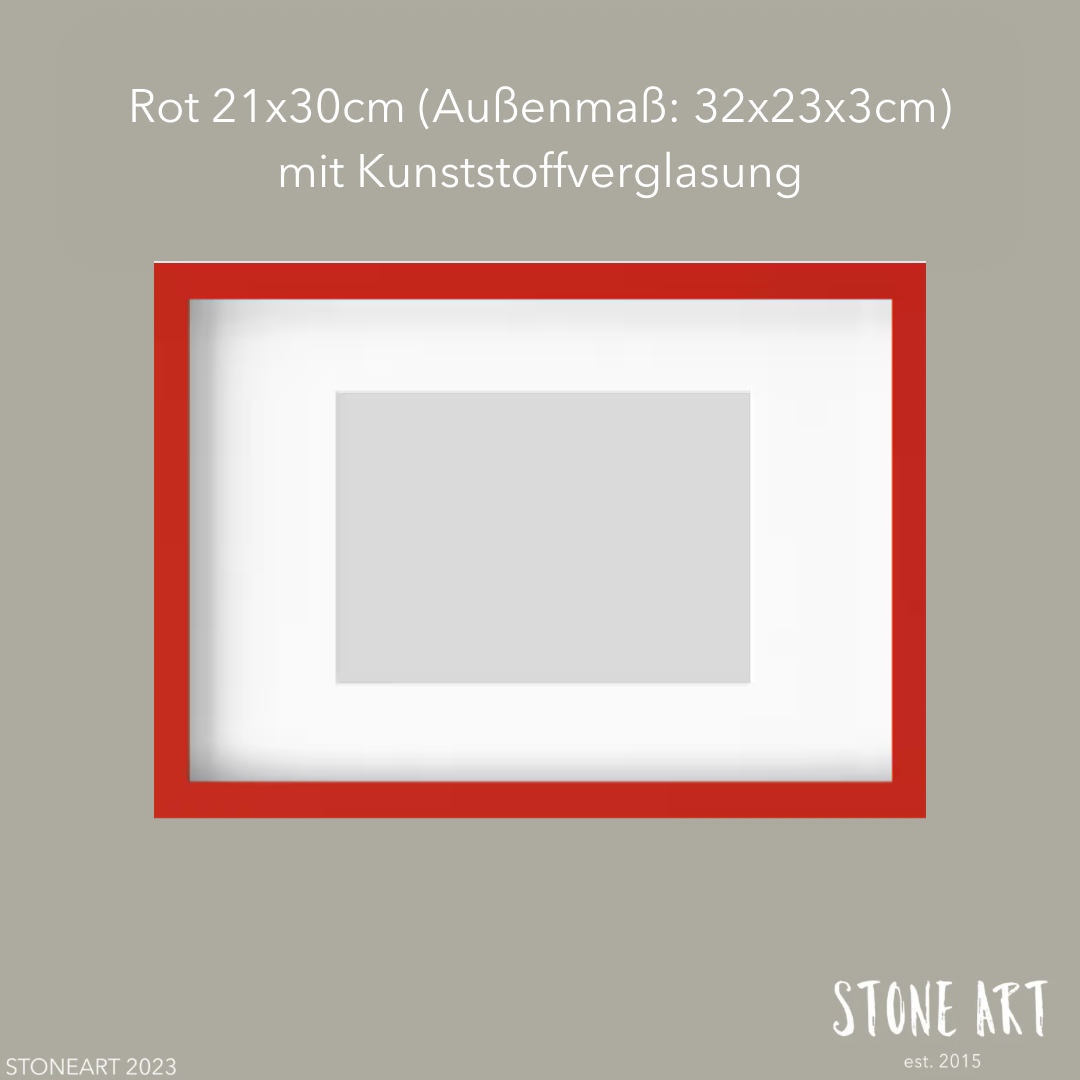 Roter Bilderrahmen mit den Maßen 21x30cm (Außenmaß: 32x23x3cm) und Kunststoffverglasung, ideal für besondere Geschenkideen von Stoneart2015.