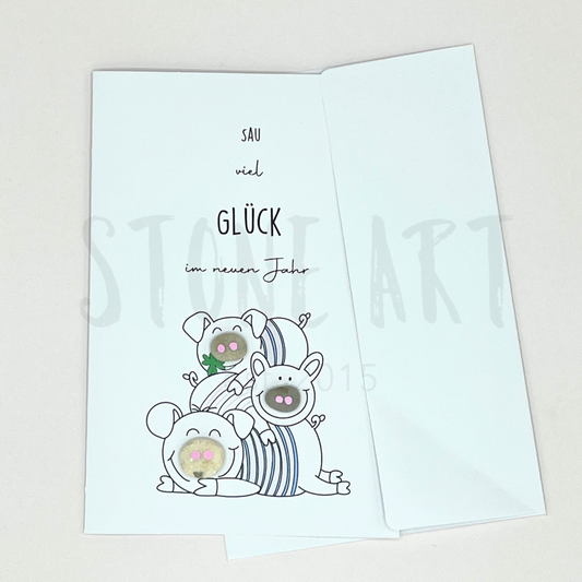 Neujahrskarte Sau viel Glück im neuen Jahr Steinkarte
