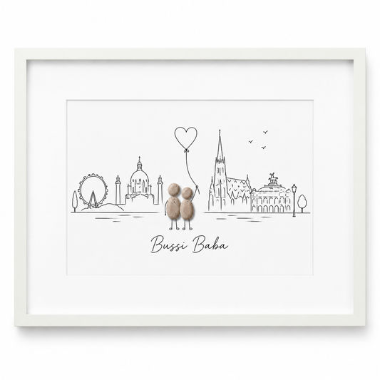 Kieselsteinbild Wien Skyline Bussi Baba, Geschenk für Wien-Liebhaber, handgemachtes Steinbild