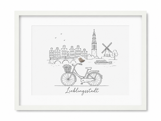 Kieselsteinbild Amsterdam Skyline Lieblingsstadt, Geschenk für Amsterdam-Liebhaber, handgemachtes Steinbild