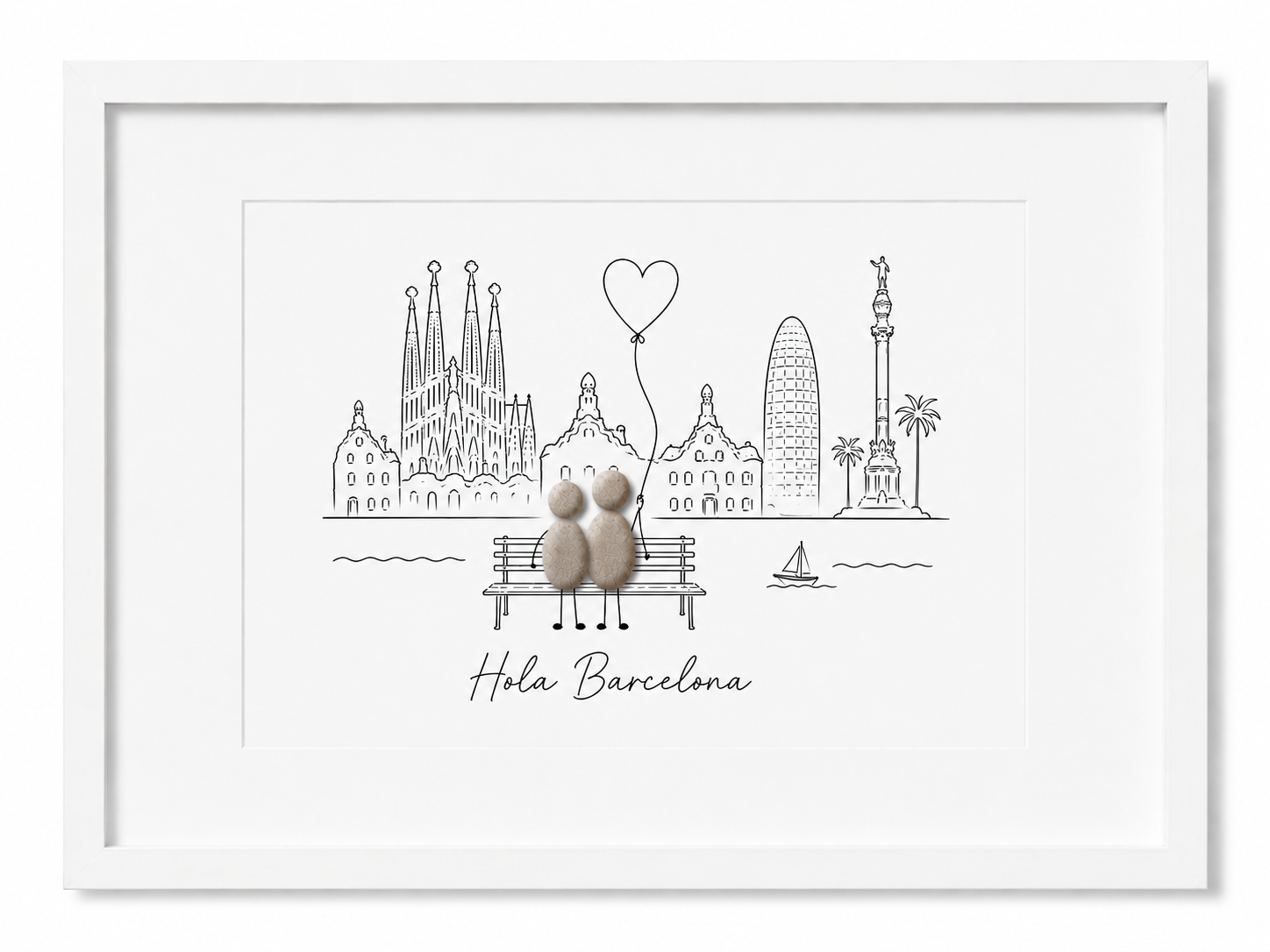 Kieselsteinbild Barcelona Skyline, Geschenk für Barcelona-Liebhaber, handgemachtes Steinbild