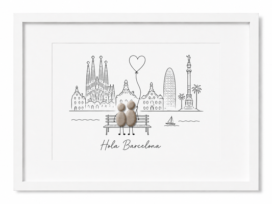 Kieselsteinbild Barcelona Skyline, Geschenk für Barcelona-Liebhaber, handgemachtes Steinbild