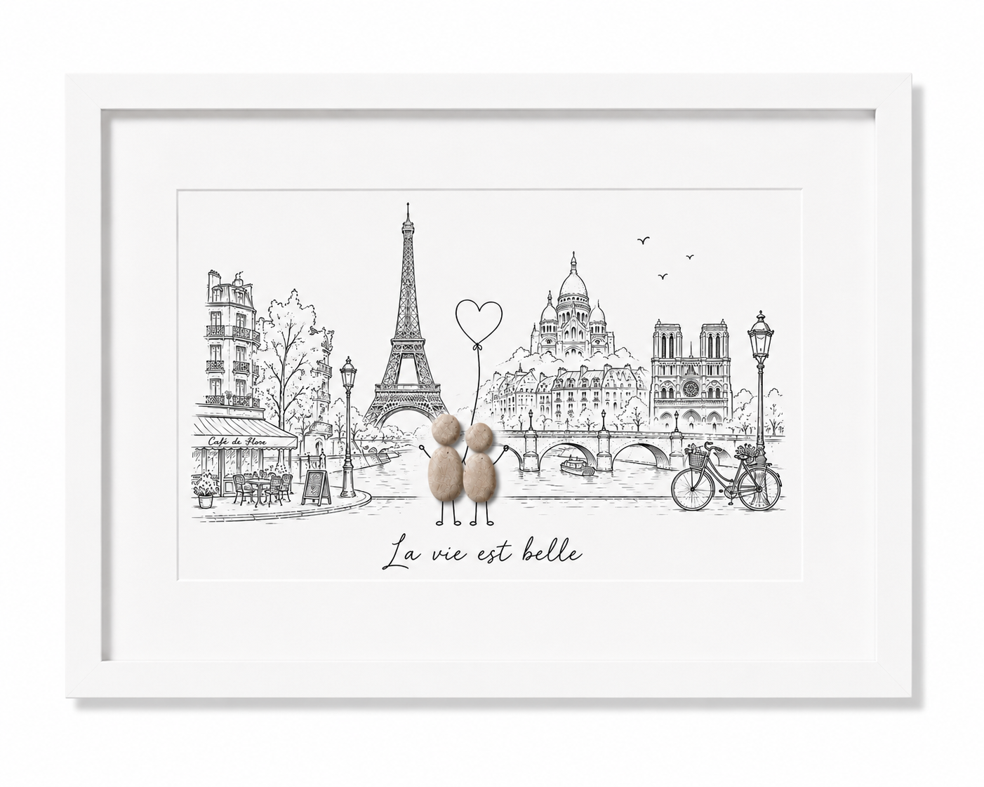 Kieselsteinbild Paris La vie est belle Cafe de Flore, Geschenk für Paris-Liebhaber, handgemachtes Steinbild