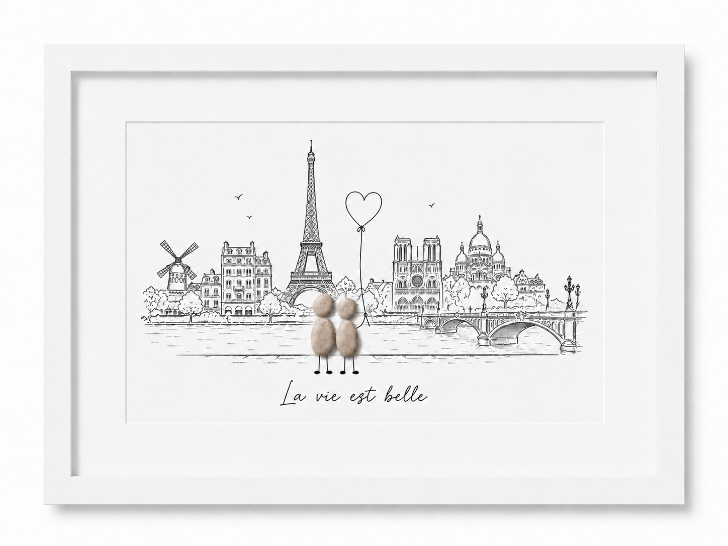 Kieselsteinbild Paris La vie est belle Windmuehle, Geschenk für Paris-Liebhaber, handgemachtes Steinbild