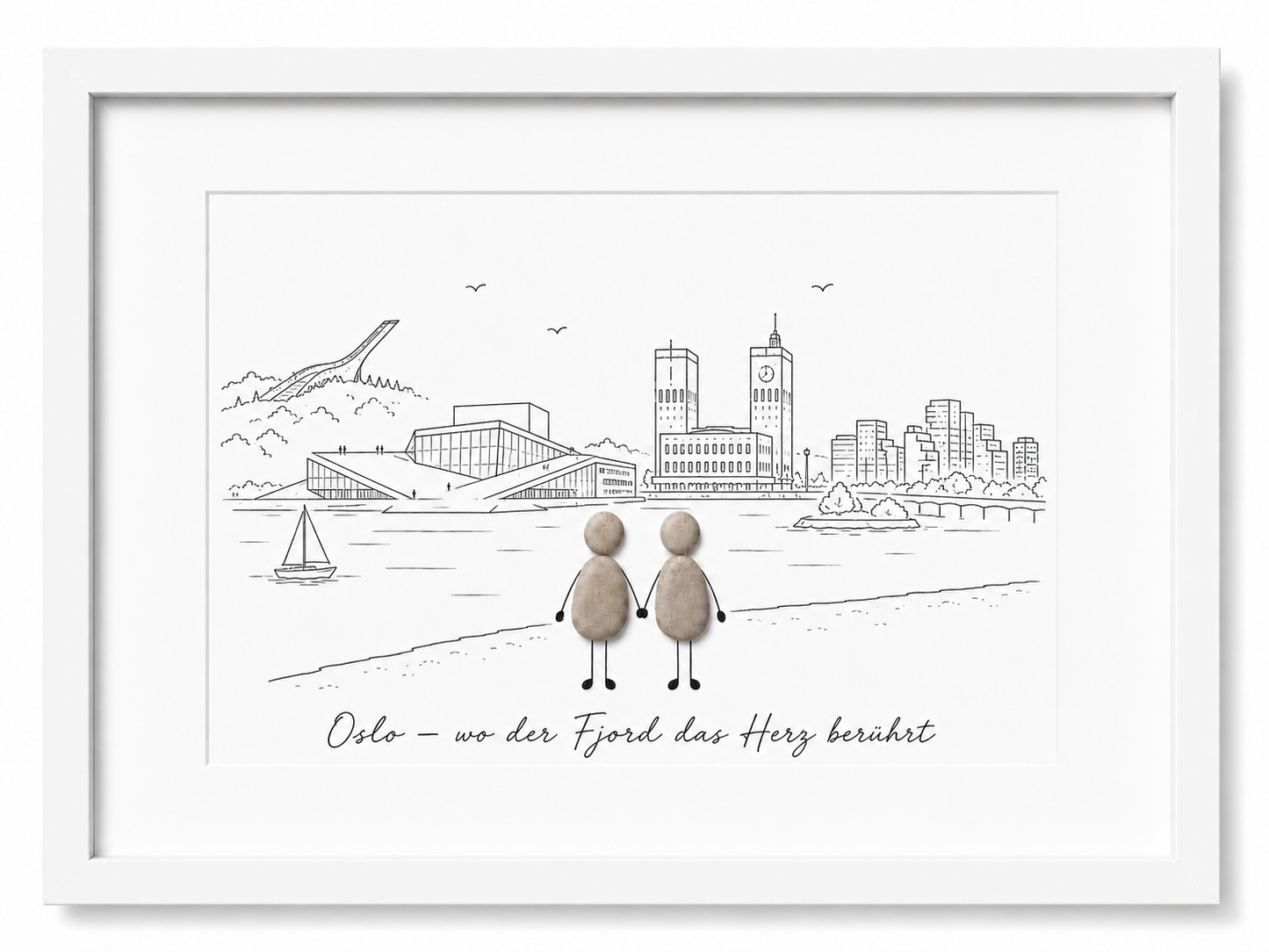 Kieselsteinbild Oslo wo der Fjord das Herz beruehrt, Geschenk für Oslo-Liebhaber, handgemachtes Steinbild