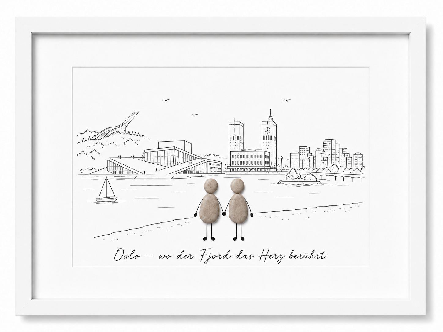 Kieselsteinbild Oslo wo der Fjord das Herz beruehrt, Geschenk für Oslo-Liebhaber, handgemachtes Steinbild