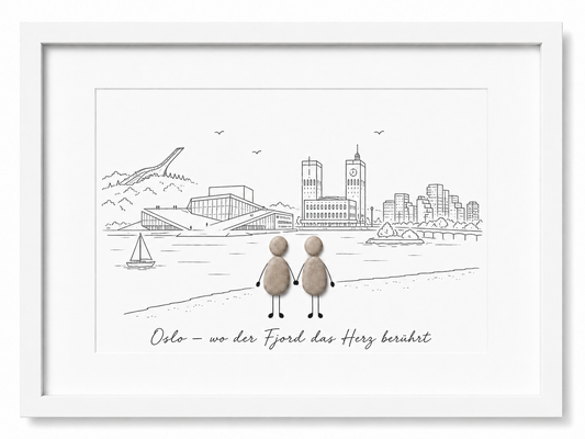 Kieselsteinbild Oslo wo der Fjord das Herz beruehrt, Geschenk für Oslo-Liebhaber, handgemachtes Steinbild