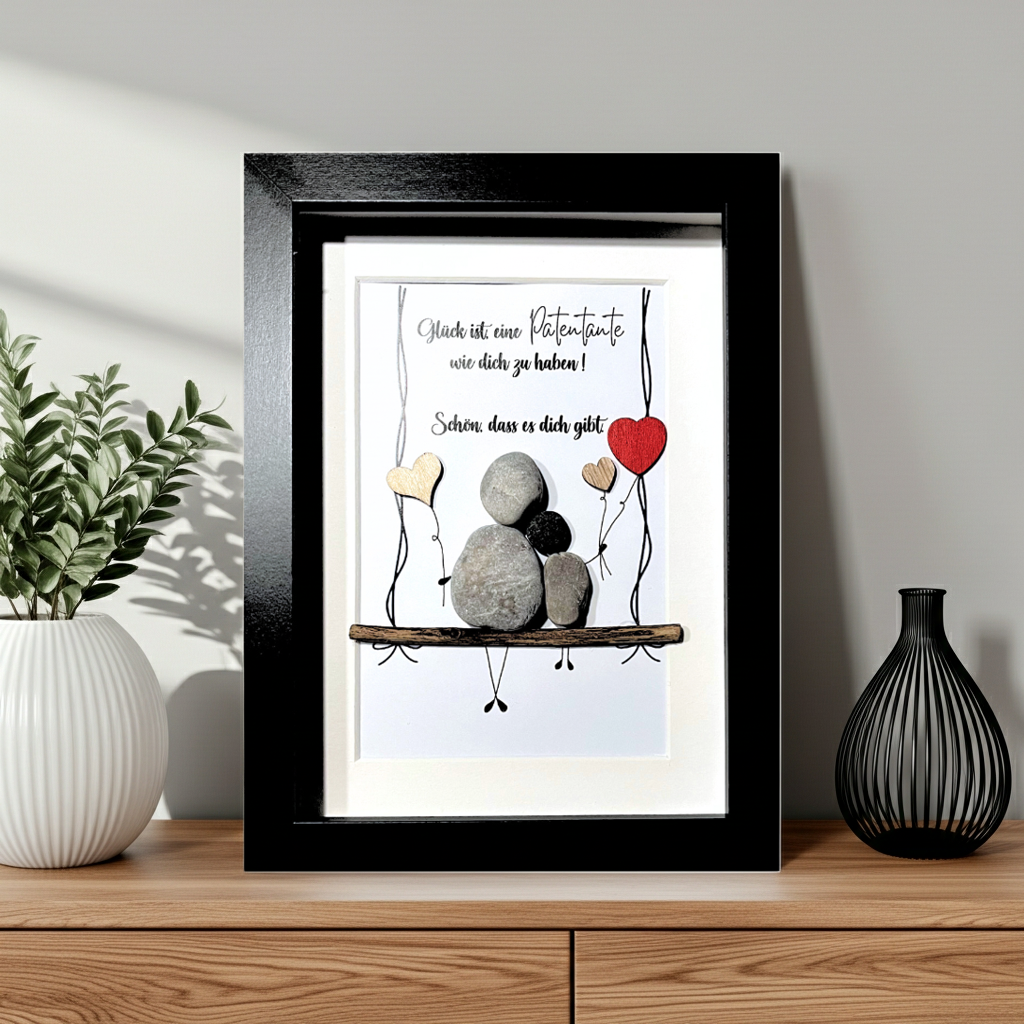Handgefertigtes Steinbild mit Spruch „Glück ist, eine Patentante wie dich zu haben“ – persönliches Patengeschenk