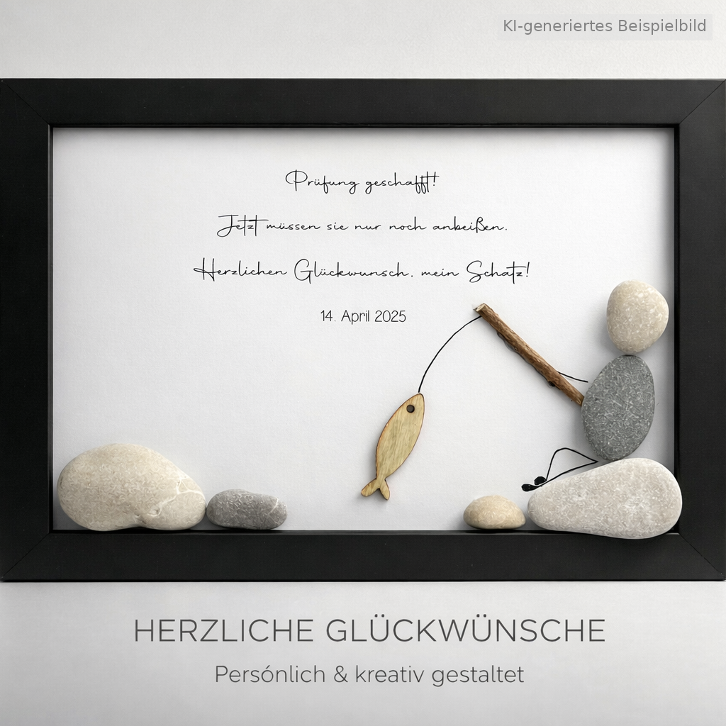 Kieselsteinbild Angelprüfung – Geschenk zur bestandenen Angelprüfung, handgemachtes Steinbild