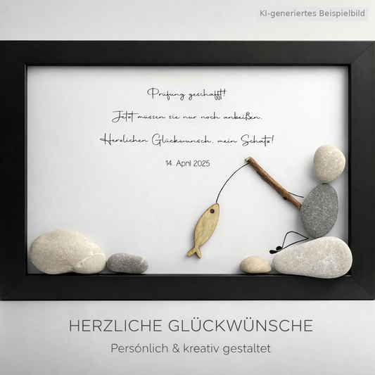 Kieselsteinbild Angelprüfung – Geschenk zur bestandenen Angelprüfung, handgemachtes Steinbild