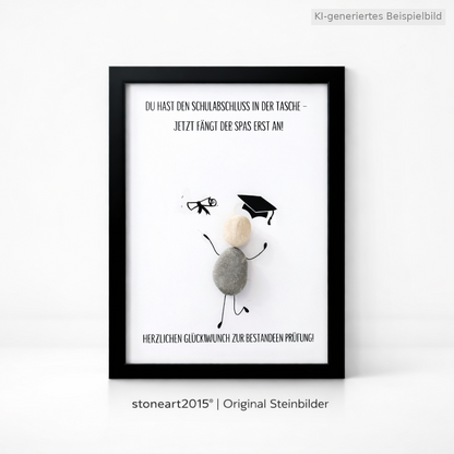 Kieselsteinbild Du hast den Schulabschluss in der Tasche – Geschenk zum Schulabschluss, handgemachtes Steinbild