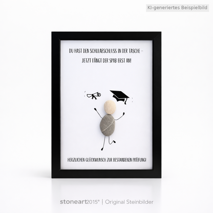 Kieselsteinbild Du hast den Schulabschluss in der Tasche – Geschenk zum Schulabschluss, handgemachtes Steinbild