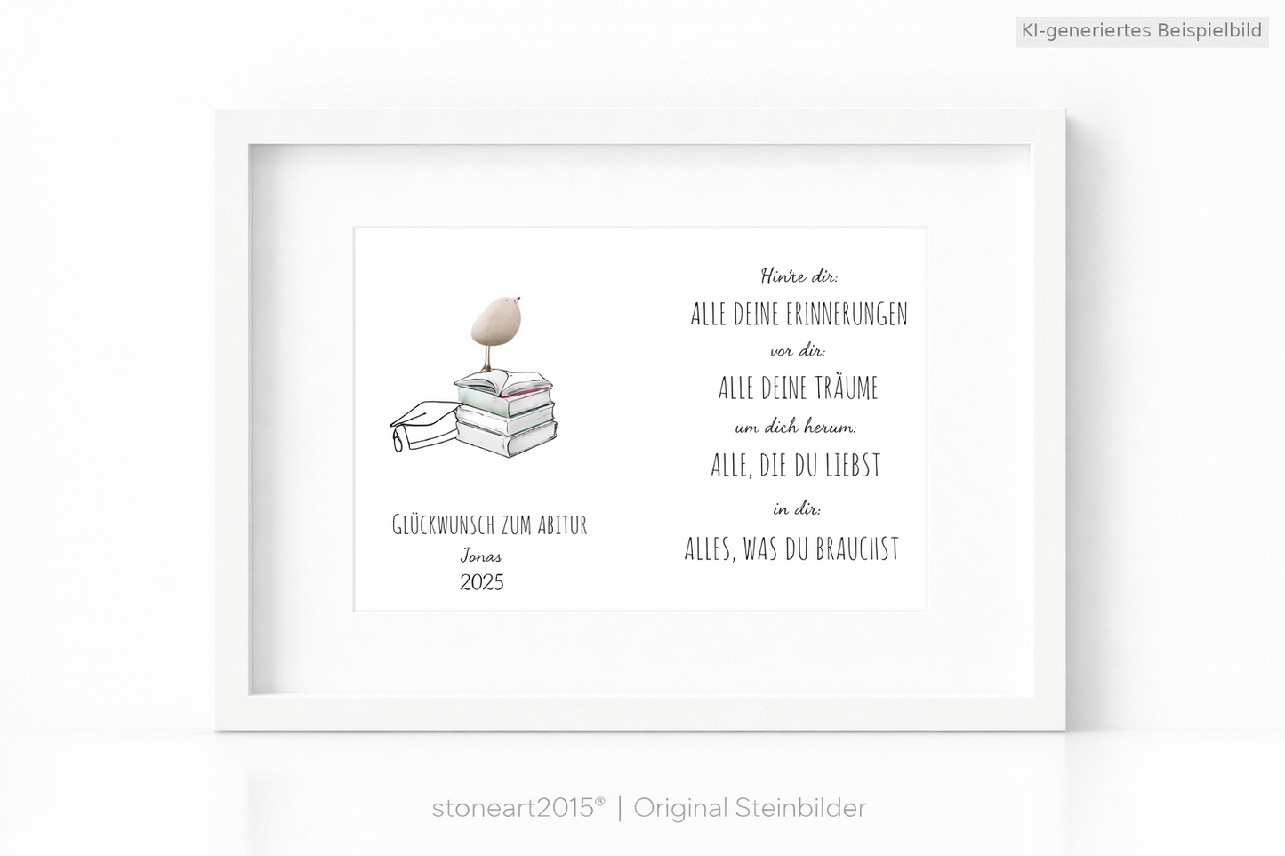 Kieselsteinbild Abitur Vogel-Motiv – Geschenk zum bestandenen Abitur, handgemachtes Steinbild
