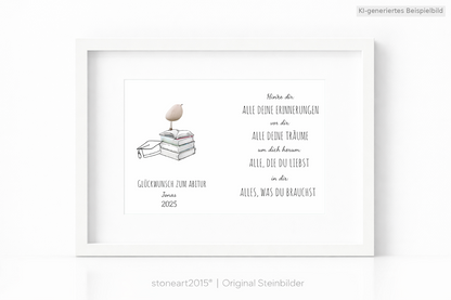 Kieselsteinbild Abitur Vogel-Motiv – Geschenk zum bestandenen Abitur, handgemachtes Steinbild
