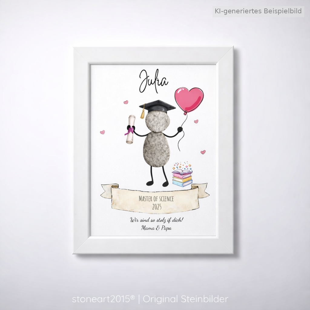 Kieselsteinbild Abitur Vogel-Motiv – Geschenk zum bestandenen Abitur, handgemachtes Steinbild