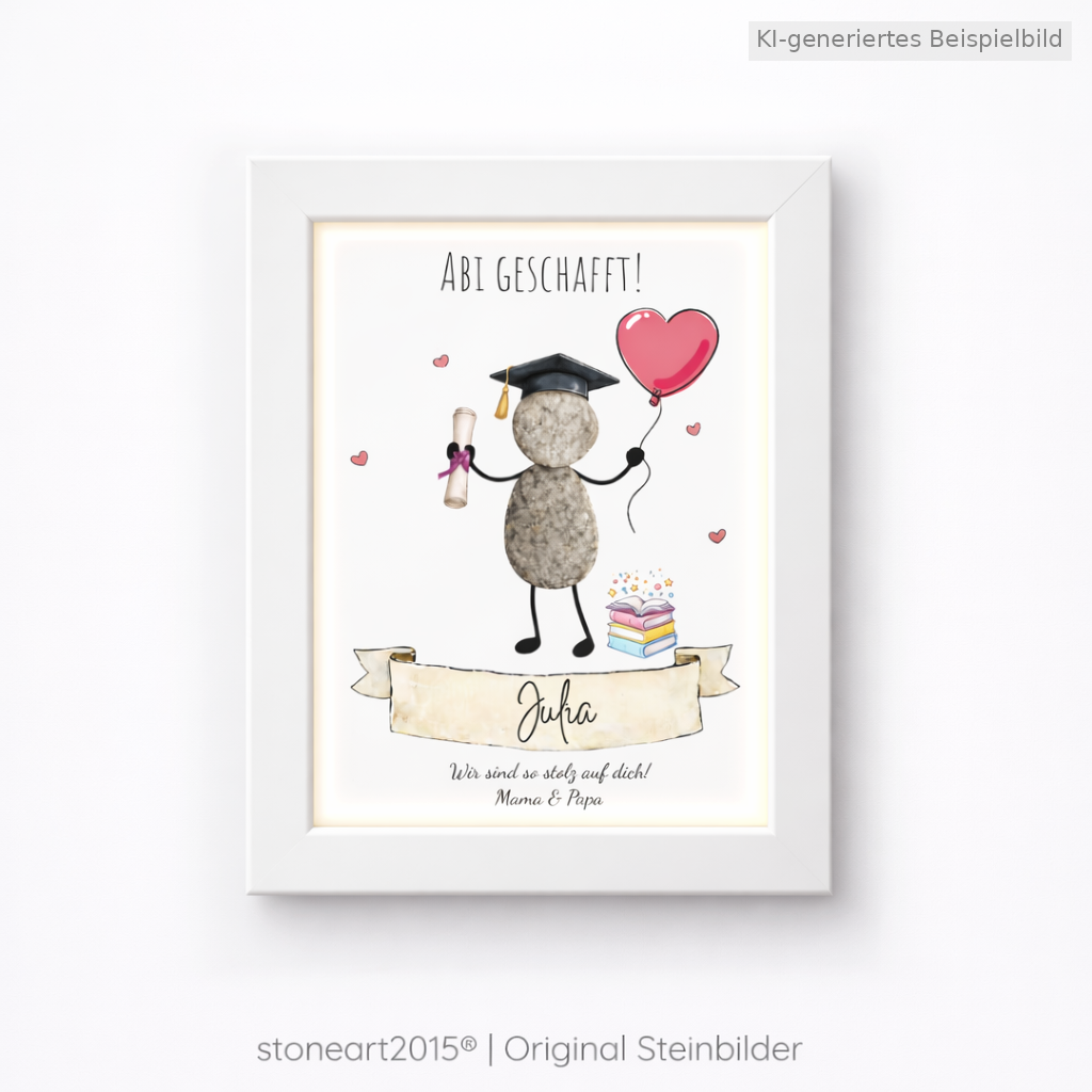 Kieselsteinbild Abitur bestanden Herzluftballon – Geschenk zum bestandenen Abitur, handgemachtes Steinbild