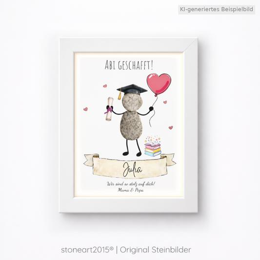 Kieselsteinbild Abitur bestanden Herzluftballon – Geschenk zum bestandenen Abitur, handgemachtes Steinbild