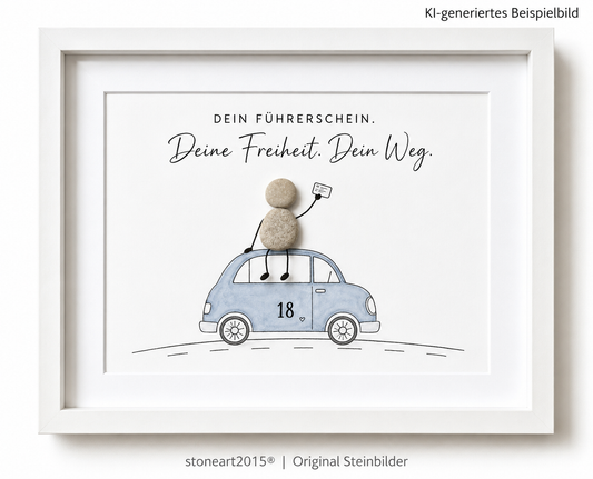 Kieselsteinbild Dein Führerschein, deine Freiheit, dein Weg – Geschenk zum Führerschein, handgemachtes Steinbild