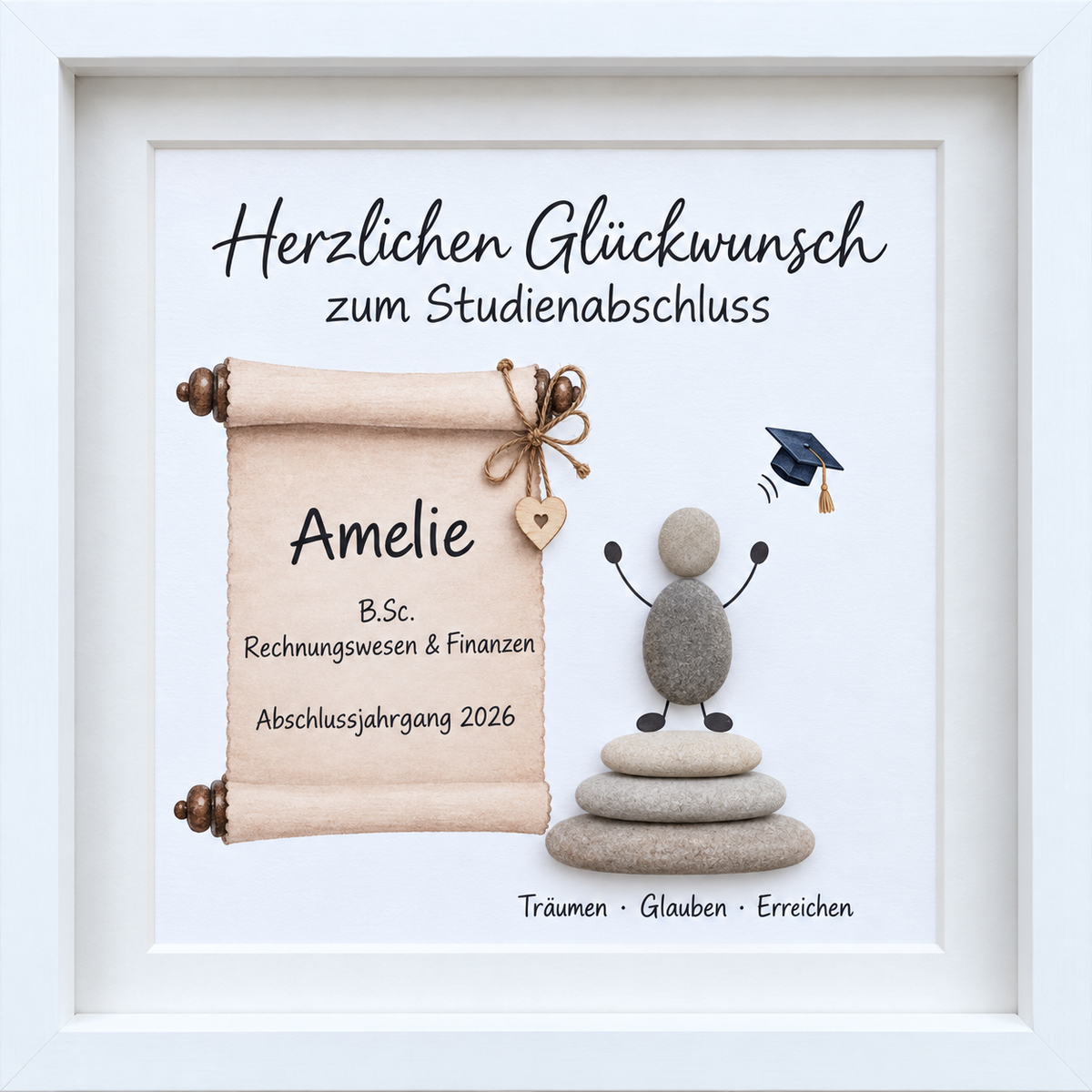 Kieselsteinbild Herzlichen Glückwunsch zum Studienabschluss – Geschenk zum Studienabschluss, handgemachtes Steinbild