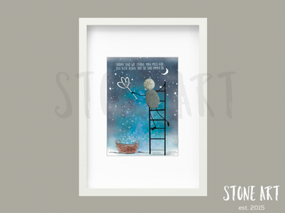Steinbild „Träume sind wie Sterne“ im Bilderrahmen, handgefertigtes Kunstwerk mit inspirierender Botschaft, geeignet als Geschenk für Träumer und Visionäre.