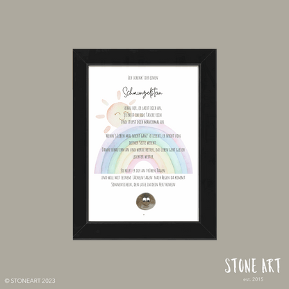 Handgefertigtes Steinbild mit dem Titel „Schmunzelstein“ – kleines Geschenk für gute Laune und liebe Grüße.