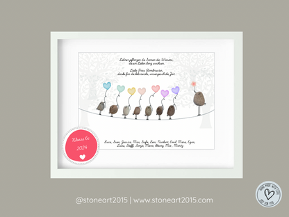 Personalisiertes Lehrerbild mit Steinvögeln, bunten Herzballons und Namen der Schüler – Geschenkidee zum Schulabschluss