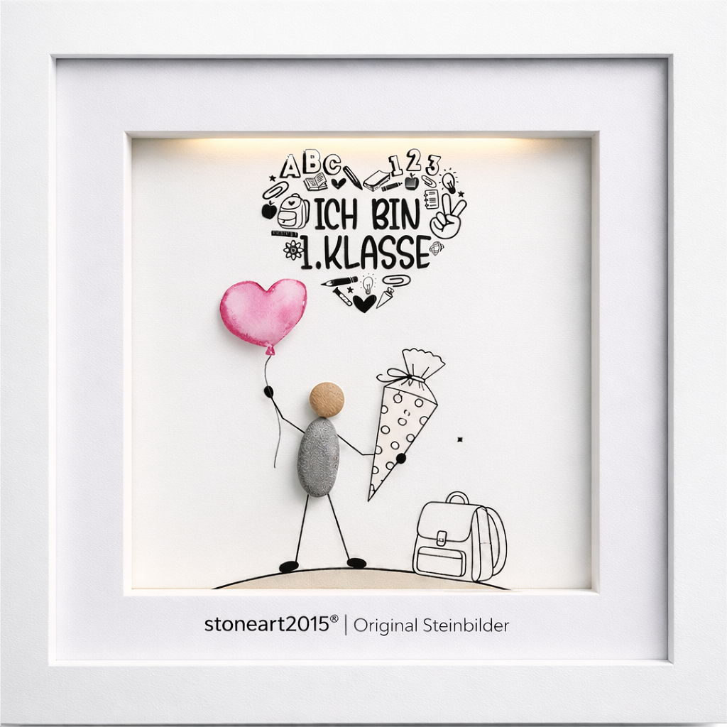 Steinbild "Ich bin 1. Klasse" mit Wortwolke und rosa Ballon, wahlweise mit LED-Beleuchtung
