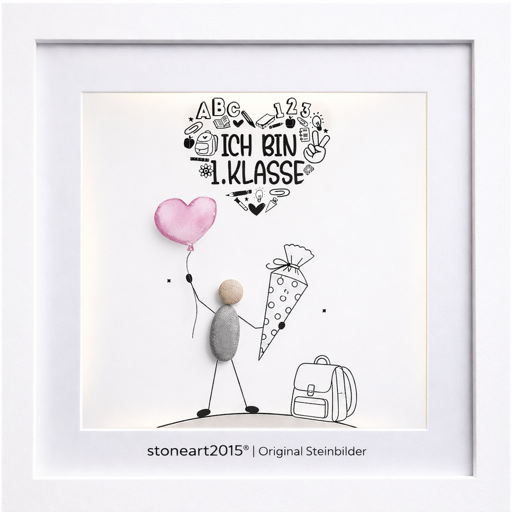 Steinbild "Ich bin 1. Klasse" mit Wortwolke und rosa Ballon, wahlweise mit LED-Beleuchtung