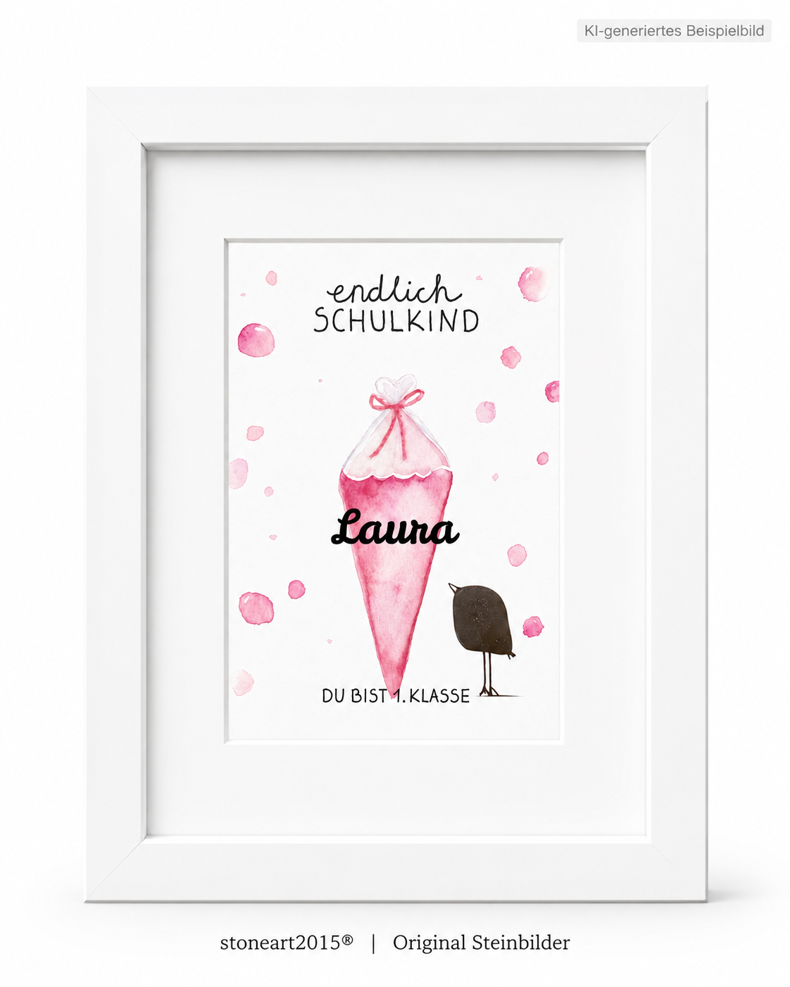 Kieselsteinbild Endlich Schulkind rosa personalisiert mit Namen – Geschenk zur Einschulung, handgemachtes Steinbild