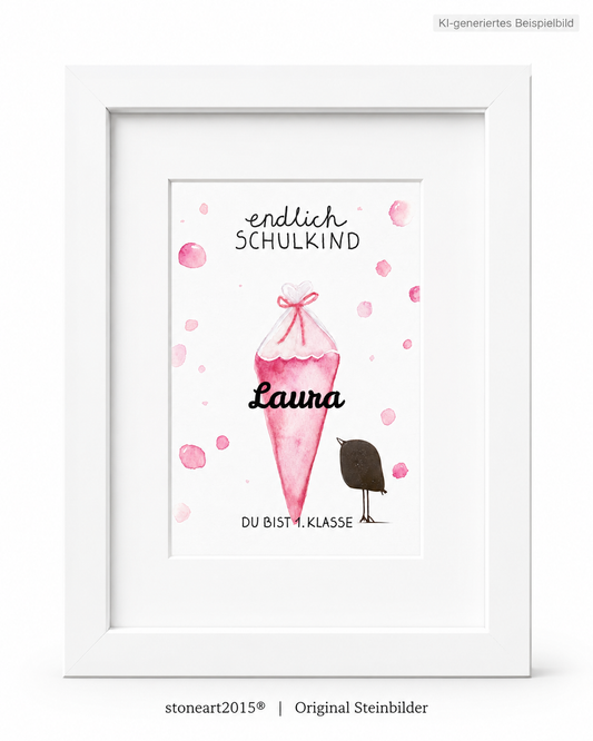 Kieselsteinbild Endlich Schulkind rosa personalisiert mit Namen – Geschenk zur Einschulung, handgemachtes Steinbild