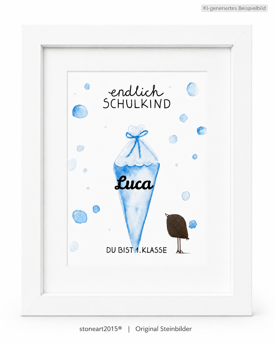 Kieselsteinbild Endlich Schulkind blau personalisiert mit Namen – Geschenk zur Einschulung, handgemachtes Steinbild