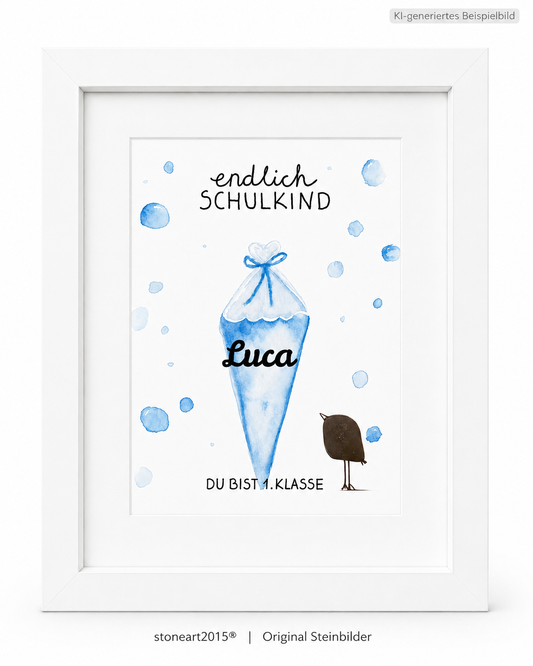 Kieselsteinbild Endlich Schulkind blau personalisiert mit Namen – Geschenk zur Einschulung, handgemachtes Steinbild