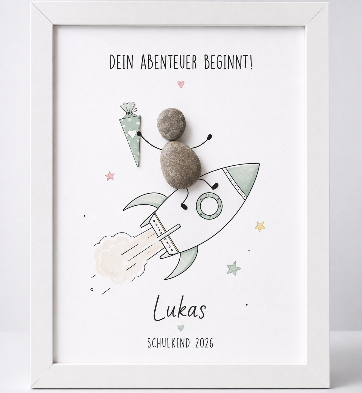 Kieselsteinbild Dein Abenteuer beginnt Rakete grün personalisiert mit Namen – Geschenk zur Einschulung, handgemachtes Steinbild