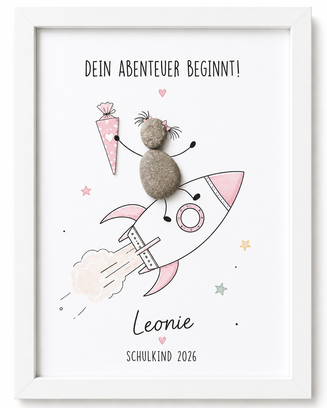 Kieselsteinbild Dein Abenteuer beginnt Rakete rosa personalisiert mit Namen – Geschenk zur Einschulung, handgemachtes Steinbild